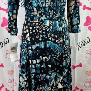 Nina Leonard Blue and Black Patterned Long Sleeve Dress